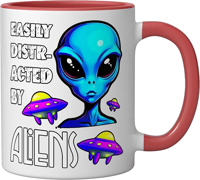 Easily Distracted By Aliens Funny Sci Fi Apparel Design Ceramic Mug, Red/White