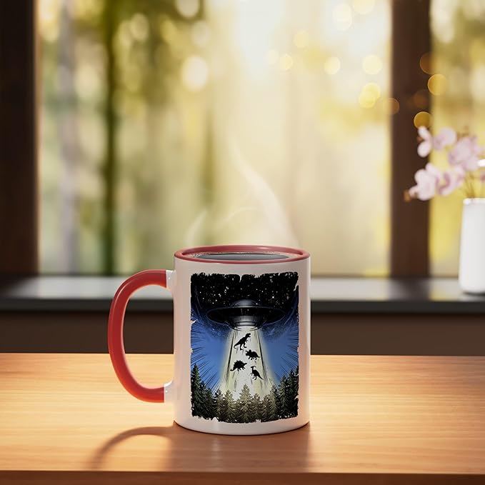 UFO Dinosaur Alien Abduction Flying Saucer Conspiracy Ceramic Mug, Red/White