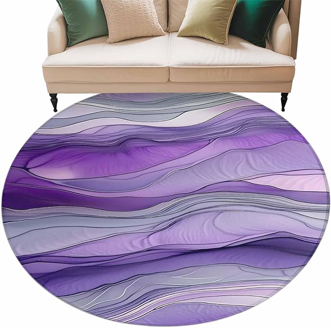 Washable Round Area Rug Abstract Art Purple Gray Wave Circle Rugs Floor Carpet for Living Room Bedroom, Vintage Marble Texture Soft Non Slip Round Rug 5ft