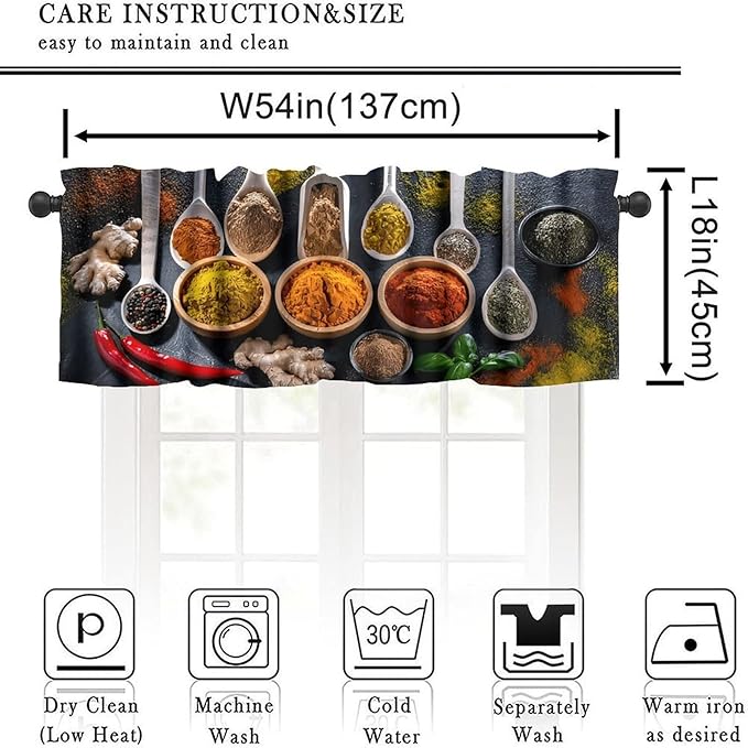 Kitchen Spices Valance, Vintage Cooking Seasoning Food Herb Bowls Spoons Farmhouse Rod Pocket Window Treatment for Cafe Resturant Bedroom Living Room, 54x18Inch
