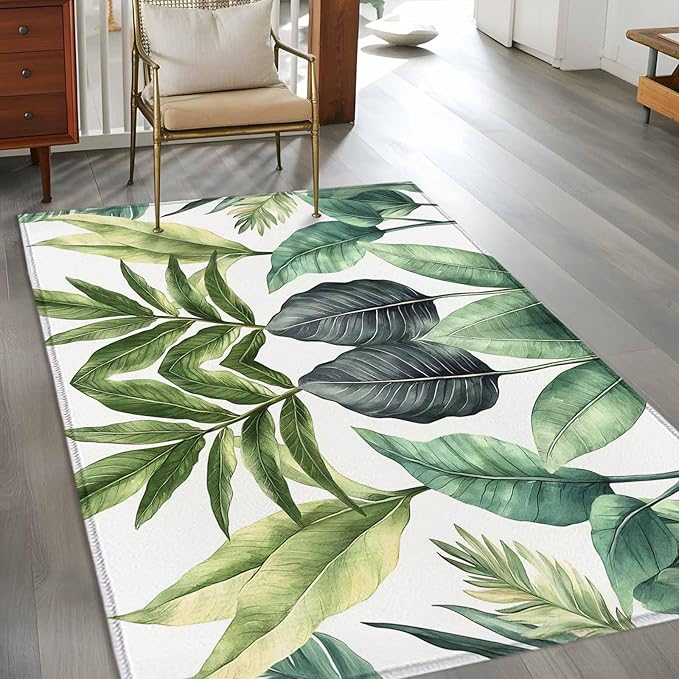 Area Rug 4x6ft, Summer Green Tropical Palm Leaves Washable Rugs for Living Room Bedroom, Watercolor Plant Soft Non-Slip Area Rugs Rectangle Floor Carpet for Dining Room