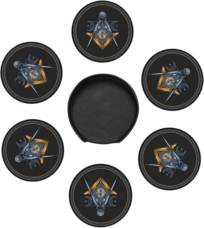 Masonic Freemason Gold Leather Drinks Coasters with Holder, Set of 6, Suitable for Various Cups