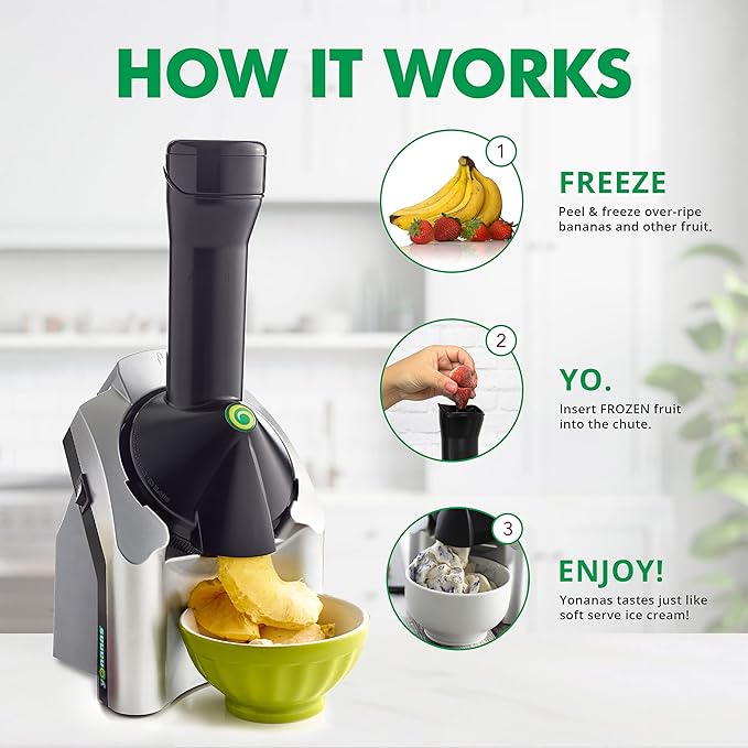 Yonanas Classic Frozen Fruit Soft Serve Maker for Healthy Vegan and Dairy-Free Treats,200W Silver Machine with 36 Recipes,BPA Free,Easy to Clean,Quick and Simple to Use,(Pack of 4)