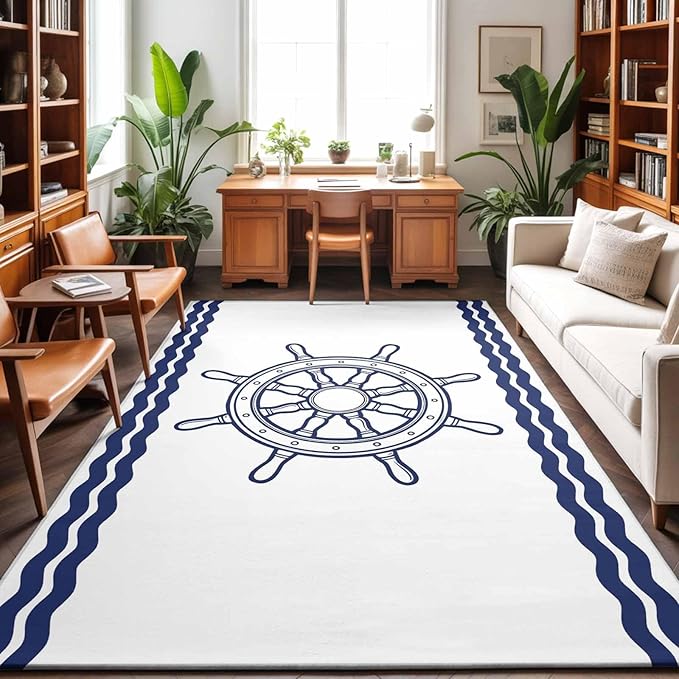 Area Rug 3x5ft, Summer Marine Nautical Ship Rudder Washable Rugs for Living Room Bedroom, Ocean Theme Navy Blue White Soft Non-Slip Area Rugs Rectangle Floor Carpet for Dining Room