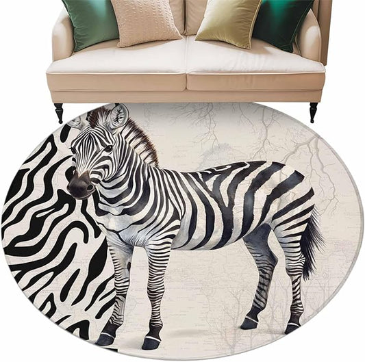 Washable Round Area Rug Zebra Black Stripe Animal Portrait Circle Rugs Floor Carpet for Living Room Bedroom, Vintage Tree Branch Soft Non Slip Round Rug 5ft