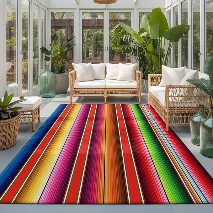 Area Rug 3x5ft, Mexican Stripes Vintage Boho Washable Rugs for Living Room Bedroom, Native American Stripe Soft Non-Slip Area Rugs Rectangle Floor Carpet for Dining Room