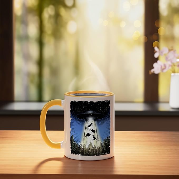UFO Dinosaur Alien Abduction Flying Saucer Conspiracy Ceramic Mug, Yellow/White