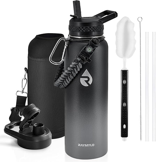 RAYMYLO Insulated Water Bottle 40 oz, Triple Wall Vacuum Stainless Steel (Cold for 36Hrs, Hot for 18Hrs), Leak Proof & Non-BPA, Modern Water Flask Jug with Paracord Handle & Straw Spout Lids