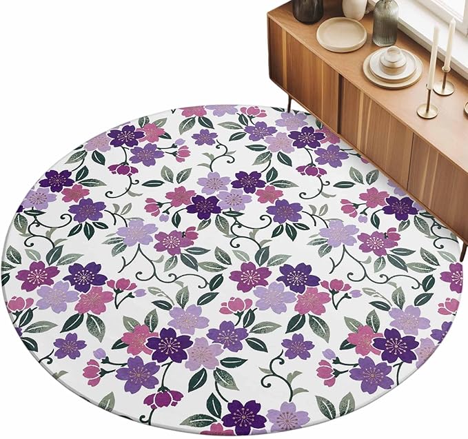Washable Round Area Rug Country Purple Pink Flower Green Leaf Circle Rugs Floor Carpet for Living Room Bedroom, Pastoral Floral Plant Soft Non Slip Round Rug 3ft