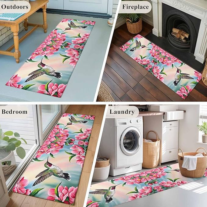 Runner Rug for Bedroom Hallway, Hummingbird Flower Peach Blossom Kitchen Runner Rugs Area Rug 2x6ft, Nature Oil Painting Art Washable Soft Floor Carpet for Entryway Stair
