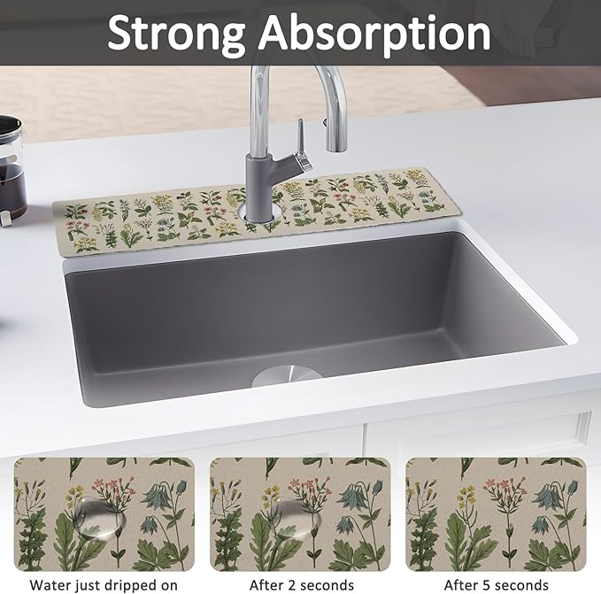2PCS 24" X 5.5" Kitchen Sink Splash Guard Faucet Mat Floral Super Absorbent Fast Drying Faucet Guard & Draining Mat Sink Splash Guard Behind Faucet for Kitchen, Bathroom