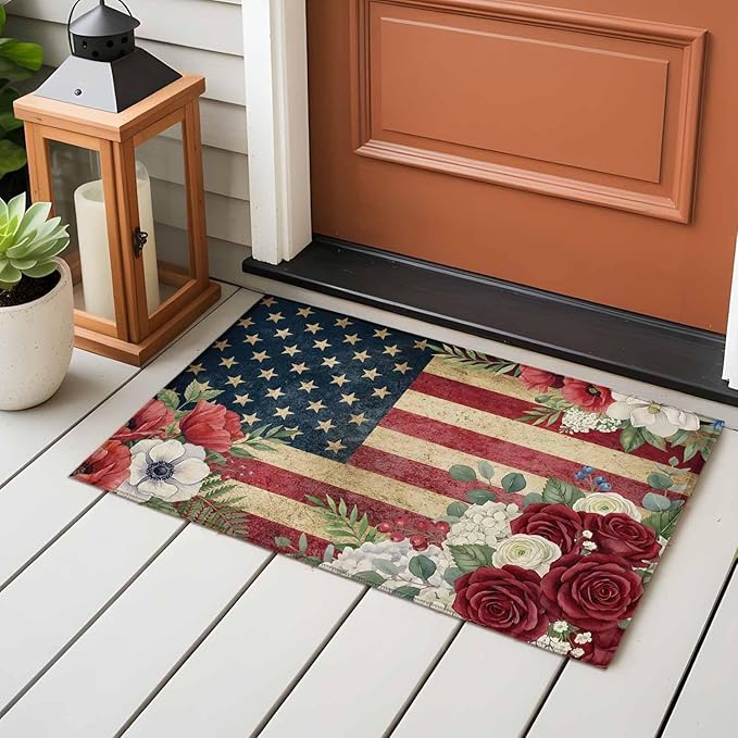 Area Rug 2x3ft, Independence Day 250th Anniversary Washable Rugs for Living Room Bedroom, Vintage USA Flag Floral Soft Non-Slip Area Rugs Rectangle Floor Carpet for Dining Room