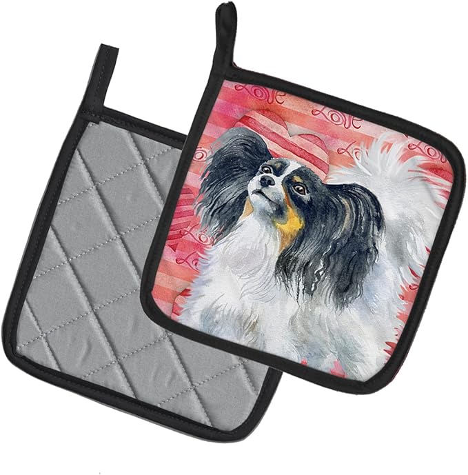 Caroline's Treasures BB9744PTHD Papillon Love Pair of Pot Holders, Red Kitchen Heat Resistant Pot Holders Sets Oven Hot Pads for Cooking Baking BBQ, 7 1/2 x 7 1/2