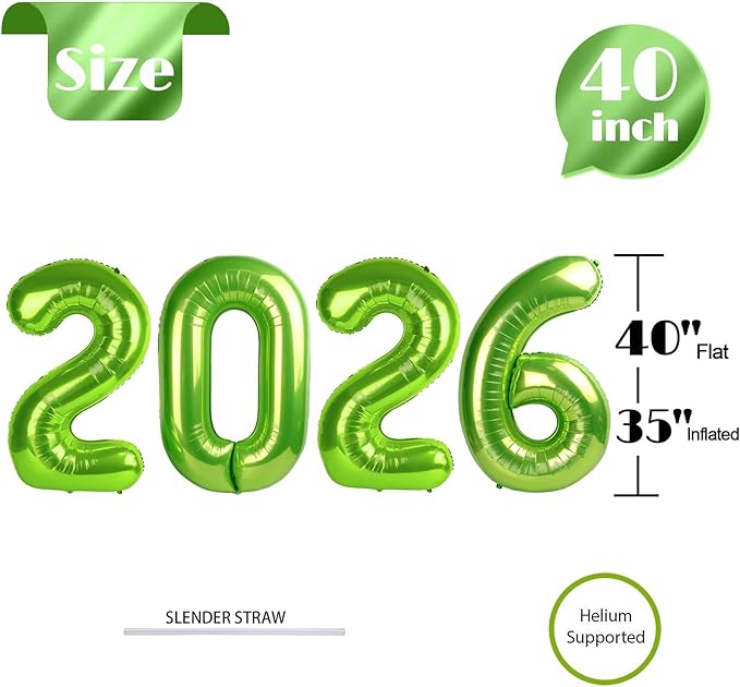 2026 Balloon Numbers - 40 Inch Light Green New Years Eve Party Supplies 2026, Nye Decor Party Decorations Happy New Year, New Years Eve Foil Party Balloons, Graduation Party Decorations