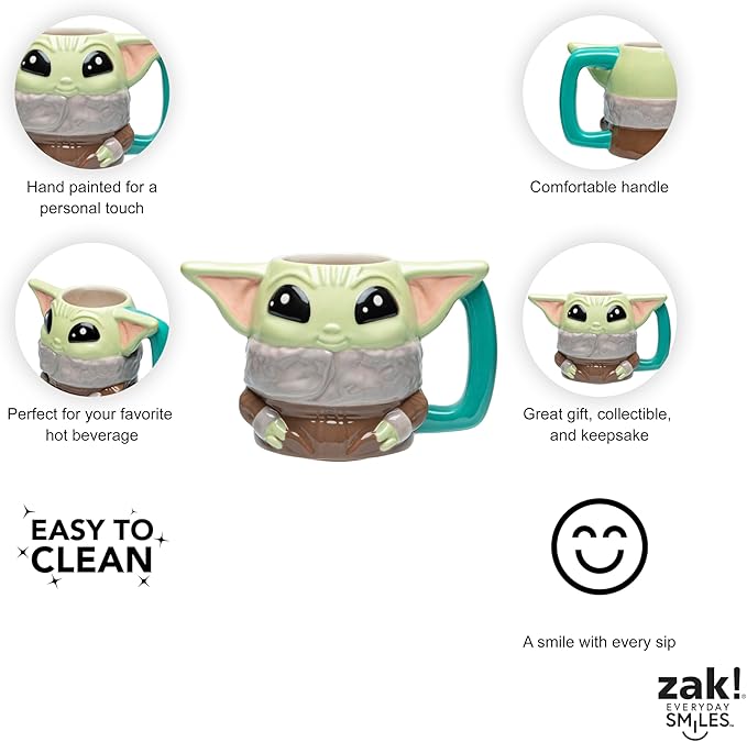 Zak Designs Star Wars The Mandalorian Sculpted Ceramic Coffee Mug for Hot Drinks, Collectible Keepsake with Unique 3D Character (12 oz, Grogu)