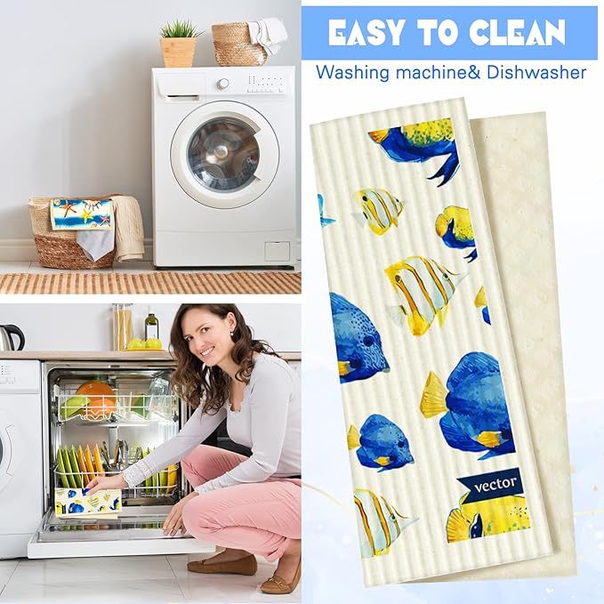 6 Pieces Ocean Swedish Kitchen Dish Towels Ocean Kitchen Cloths Reusable Sponge Cleaning Absorbent Dish Cloth No Odor Hand Towel Quick Drying Washable Cleaning Wipes