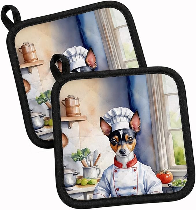 Caroline's Treasures Rat Terrier The Chef Pair of Pot Holders Kitchen Heat Resistant Pot Holders Sets Oven Hot Pads for Cooking Baking BBQ, 7 1/2 x 7 1/2
