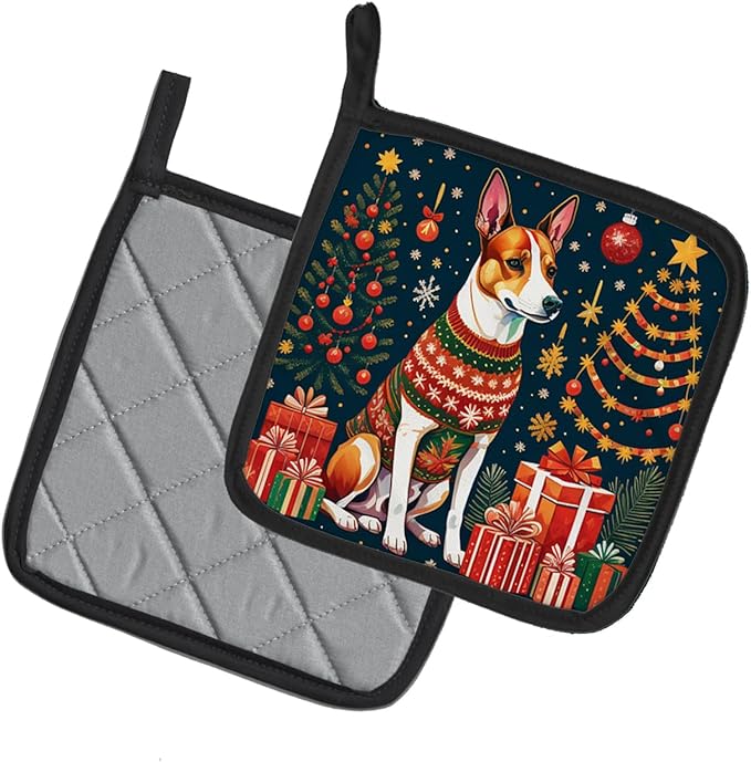 Caroline's Treasures Basenji Christmas Pair of Pot Holders Kitchen Heat Resistant Pot Holders Sets Oven Hot Pads for Cooking Baking BBQ, 7 1/2 x 7 1/2