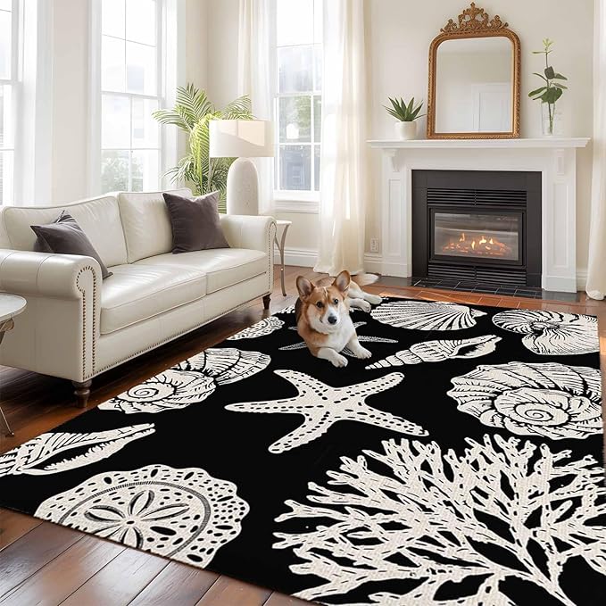 Area Rug 6x9ft, Marine Starfish Shell Conch Washable Rugs for Living Room Bedroom, Ocean Life on Black Soft Non-Slip Area Rugs Rectangle Floor Carpet for Dining Room