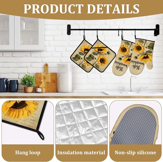 Vintage Sunflower Oven Mitts and Pot Holders Sets 4Pcs Hello Sunshine Floral Silicone Kitchen Gloves Heat Resistant Potholders for Baking Cooking Grilling BBQ