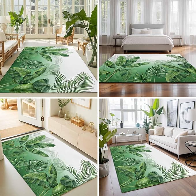 Area Rug 8x10ft, Botanical Rainforest Plants Washable Rugs for Living Room Bedroom, Watercolor Tropical Banana Leaves Soft Non-Slip Area Rugs Rectangle Floor Carpet for Dining Room