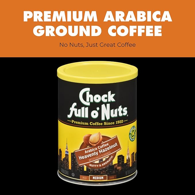 Chock Full o' Nuts Heavenly Hazelnut Ground Coffee – Premium Beans in Recyclable Steel Can – Rich Flavor & Aroma, Medium Roast – Perfect for Drip, Pour-Over, Percolator – 10.2 Oz Can