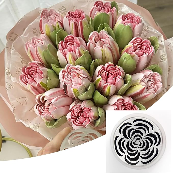 Extra Large Russian Piping Tip Set - 6 Stainless Steel Marshmallow Buttercream Framing Nozzles for 3D Roses Tulip Cake Decorations and Marshmallow Bouquets, Includes 1 Cleaning Brush(6F)