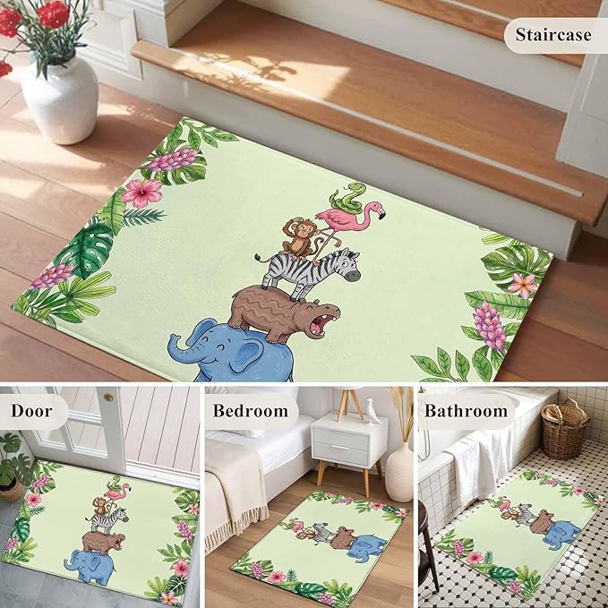 Area Rug 2x3ft, Funny Elephant Zebra Flamingo Washable Rugs for Living Room Bedroom, Tropical Leaves Floral Soft Non-Slip Area Rugs Rectangle Floor Carpet for Dining Room