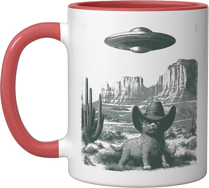 Desert Cat in Hat UFO Encounter Vintage Engraving Ceramic Mug, Red/White