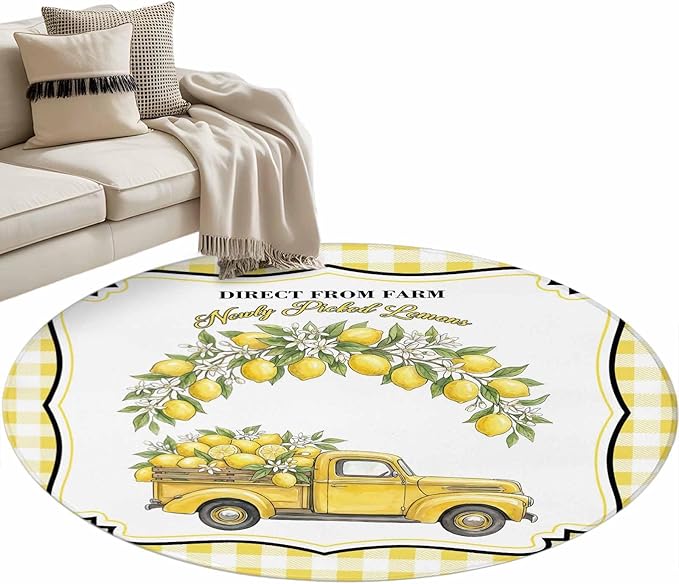 Washable Round Area Rug Farm Yellow Truck Lemon Fruit Circle Rugs Floor Carpet for Living Room Bedroom, Flower Leaves Buffalo Plaid Soft Non Slip Round Rug 4ft