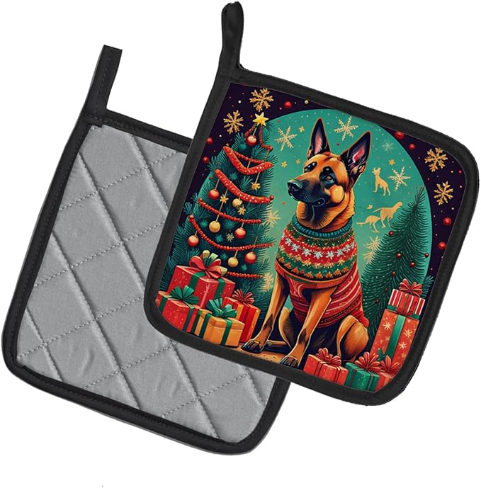 Caroline's Treasures Belgian Malinois Christmas Pair of Pot Holders Kitchen Heat Resistant Pot Holders Sets Oven Hot Pads for Cooking Baking BBQ, 7 1/2 x 7 1/2