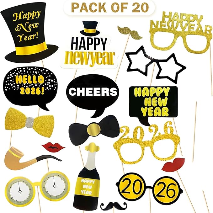 Happy New Year Decorations 2026 - New Year Eve Party Supplies with Glitter Fringe Curtain/ new Years Eve Balloons/ Happy new year Banner Foil Balloons/ 1 Sets Photo Booth Props & Dots Garlands