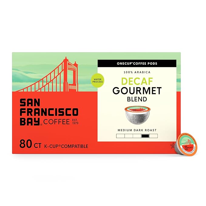 San Francisco Bay Decaf K-Cup Coffee Pods, Decaf Gourmet Blend (80 ct), Medium-Dark Roast, Commercially Compostable Single-Serve Coffee Pods, Swiss Water Process