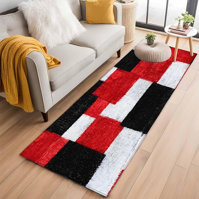 Runner Rug for Bedroom Hallway, Red Black White Gradient Kitchen Runner Rugs Area Rug 2x6ft, Abstract Color Block Washable Soft Floor Carpet for Entryway Stair