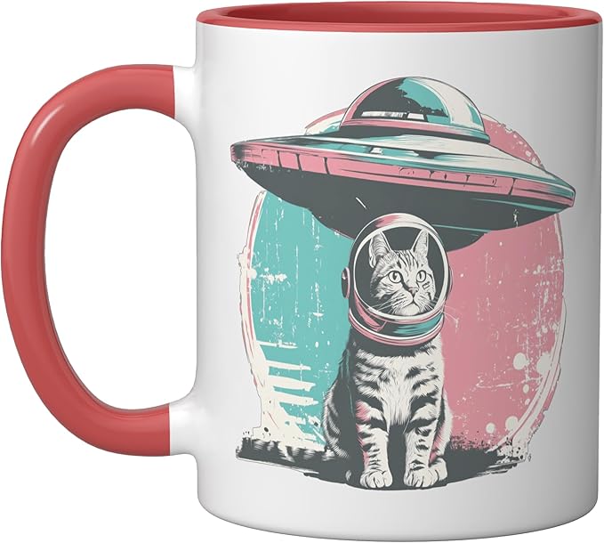 Retro UFO Cat Astronaut Alien Sci Fi Space Funny Pastel Ceramic Mug, Red/White