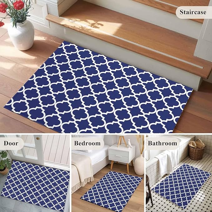 Area Rug 2x3ft, Navy Blue Moroccan Plaid Washable Rugs for Living Room Bedroom, White Line Buffalo Lattice Soft Non-Slip Area Rugs Rectangle Floor Carpet for Dining Room