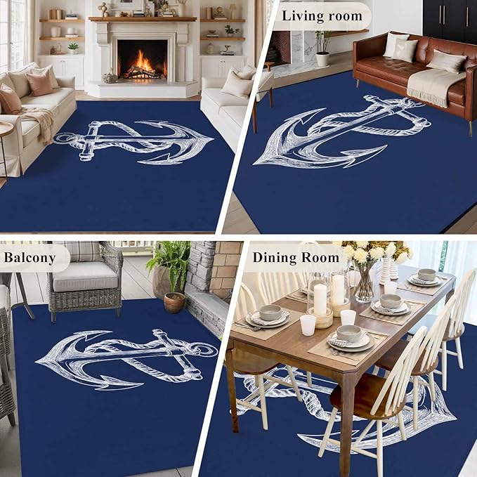 Area Rug 6x9ft, Marine Theme Anchor String Sketch Washable Rugs for Living Room Bedroom, Watercolor Nautical Theme Soft Non-Slip Area Rugs Rectangle Floor Carpet for Dining Room