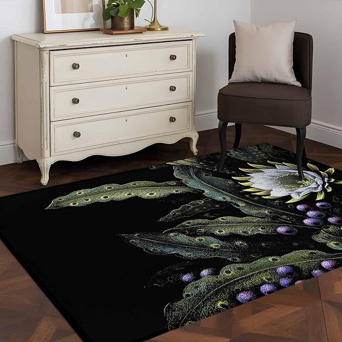 Area Rug 4x6ft, Watercolor Flower Berry Leaves Washable Rugs for Living Room Bedroom, Botanical Plant Dark Style Soft Non-Slip Area Rugs Rectangle Floor Carpet for Dining Room