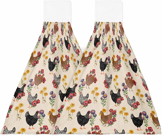 Alandar Home Kitchen Tie Towel Set of 2, Farm Chicken Colorful Poppy Absorbent Soft Hand Towels for Bathroom Hanging Towels, Spring Floral on Beige Fast Drying Cleaning Cloth with Loop