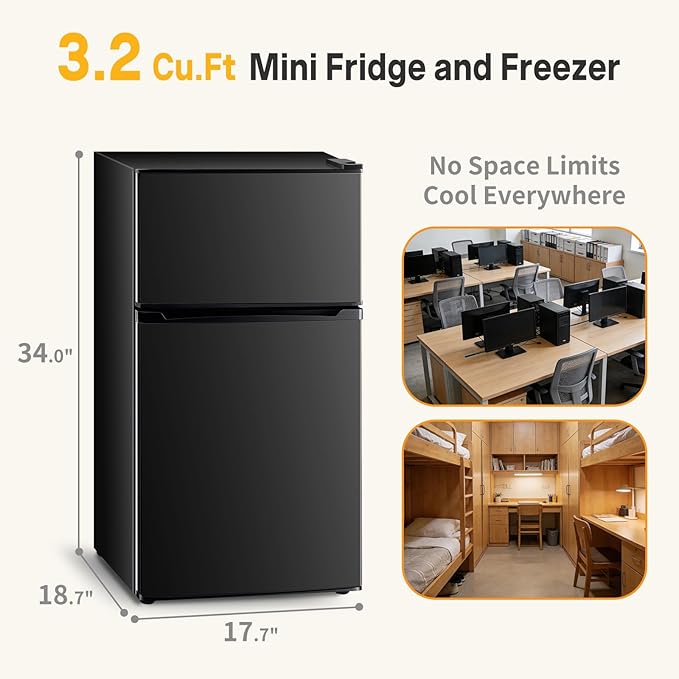 NEWBULIG Mini Fridge with Freezer 3.2 Cu.Ft Small Refrigerator for Office, Dorm, Small Fridge with Adjustable Thermostat, Energy Saving, Dual Door, Black