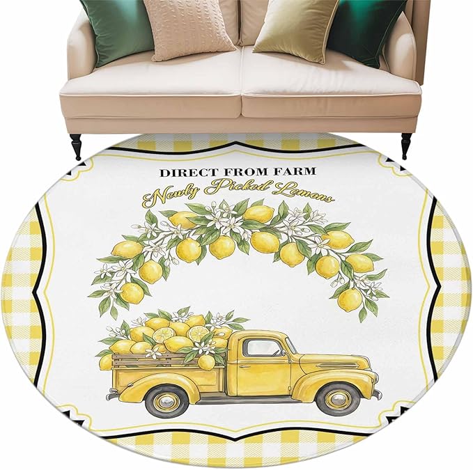 Washable Round Area Rug Farm Yellow Truck Lemon Fruit Circle Rugs Floor Carpet for Living Room Bedroom, Flower Leaves Buffalo Plaid Soft Non Slip Round Rug 5ft