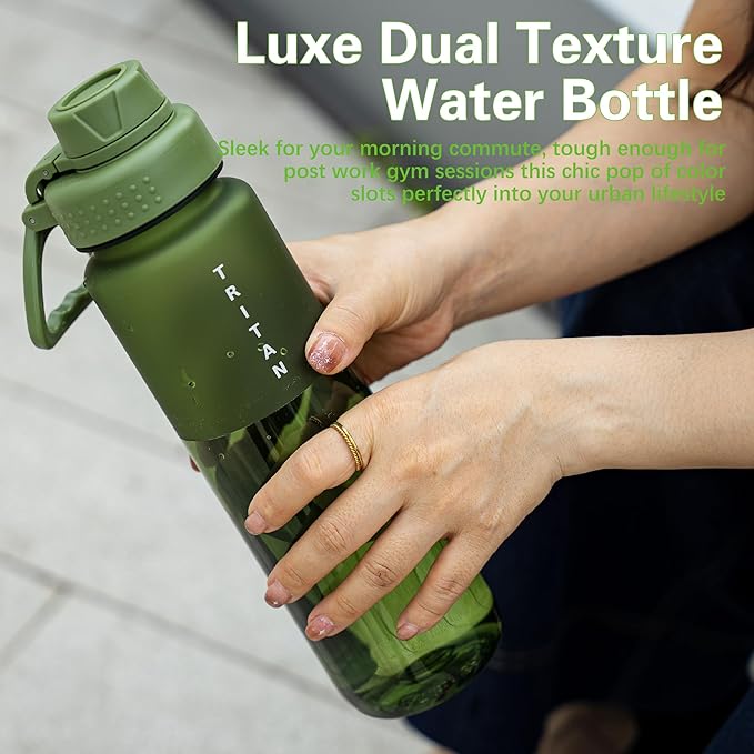 OLDLEY 32oz Frosted Clear Water Bottle, BPA-Free Tritan Plastic Reusable Water Bottle with Fast-Flow Spout Lid, Wide Mouth Leakproof Sports Drinking Bottle for Gym, School, Office, Travel,Olive green