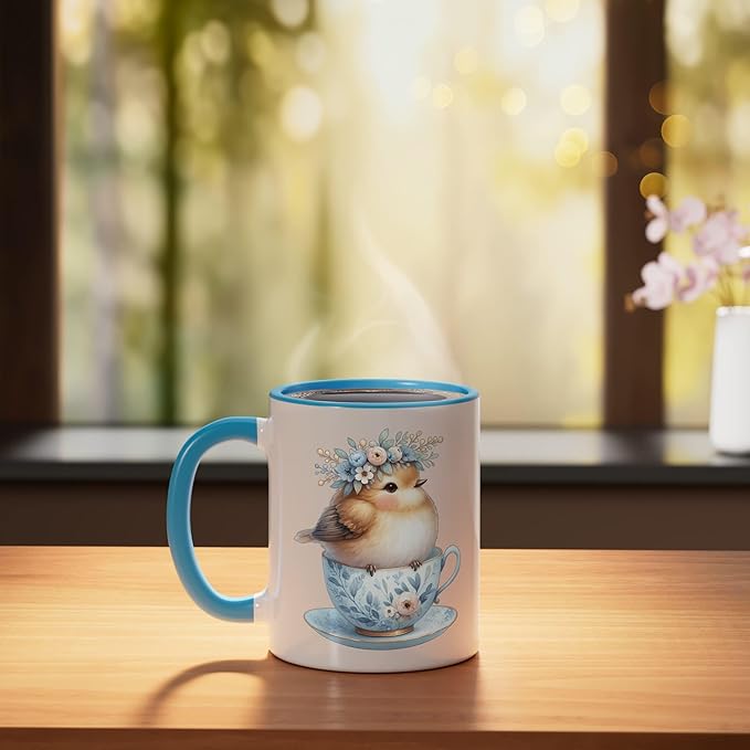 Cute Bird Floral Teacup Illustration Ceramic Mug, Blue/White