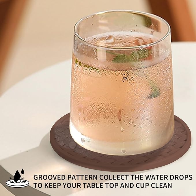 Brown Round Silicone Coasters with Holder, 4 Inch Non-Slip Heat-Resistant & Waterproof Cup Mats, Decorative Drink Coaster Set of 6 for Home, Office, Kitchen, Coffee Bar Table