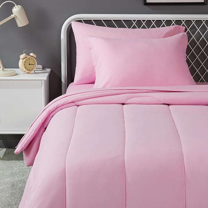 Amazon Basics 5-Piece Soft, Easy-Wash Microfiber Kid's Bed-in-a-Bag Bedding Set with Sheet and Comforter, Twin, Pink, Solid