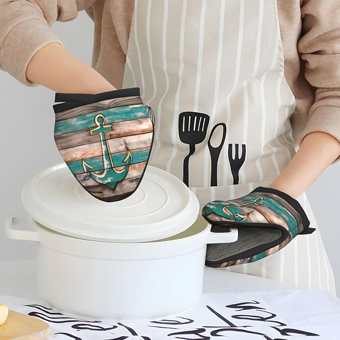 2 Pcs Mini Silicone Oven Mitts Funny Anchor Heat Resistant Grilling Gloves with Hanging Loop, Sea Wooden Short Kitchen Mittens for Cooking Baking BBQ
