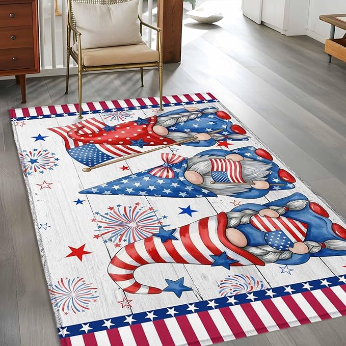 Area Rug 3x5ft, Independence Day USA Flag Star Dwarf Washable Rugs for Living Room Bedroom, Stripes on Wood Grain Soft Non-Slip Area Rugs Rectangle Floor Carpet for Dining Room