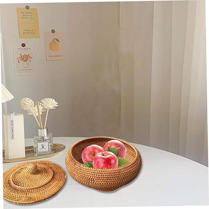 Wicker Storage Basket With Lid,Round Rattan Box with Lid, 8.7x4 Inch Rattan Basket, Hand-Woven Round Woven Basket, Desktop Decorative Box for Home Farmhouse Kitchen