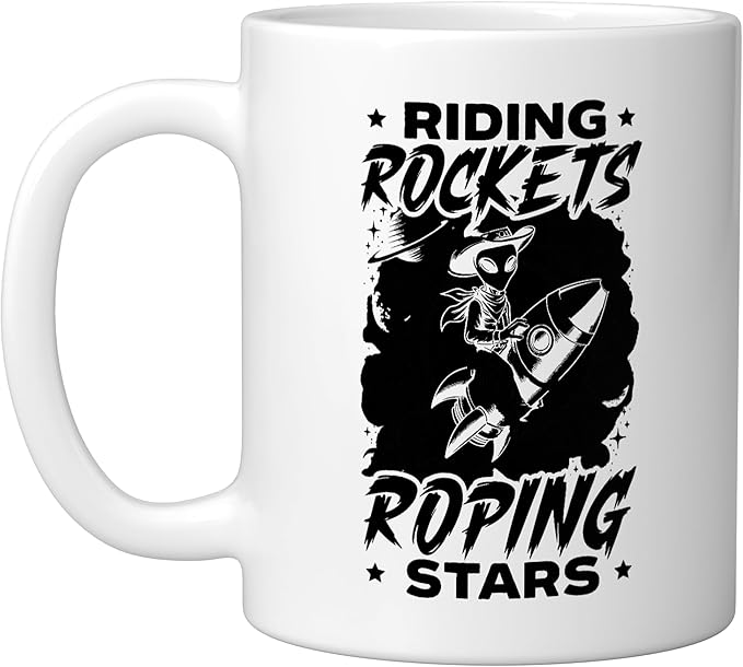 Alien Lover Flying Saucer UFO Extraterrestrial Cowboy Ceramic Mug, White