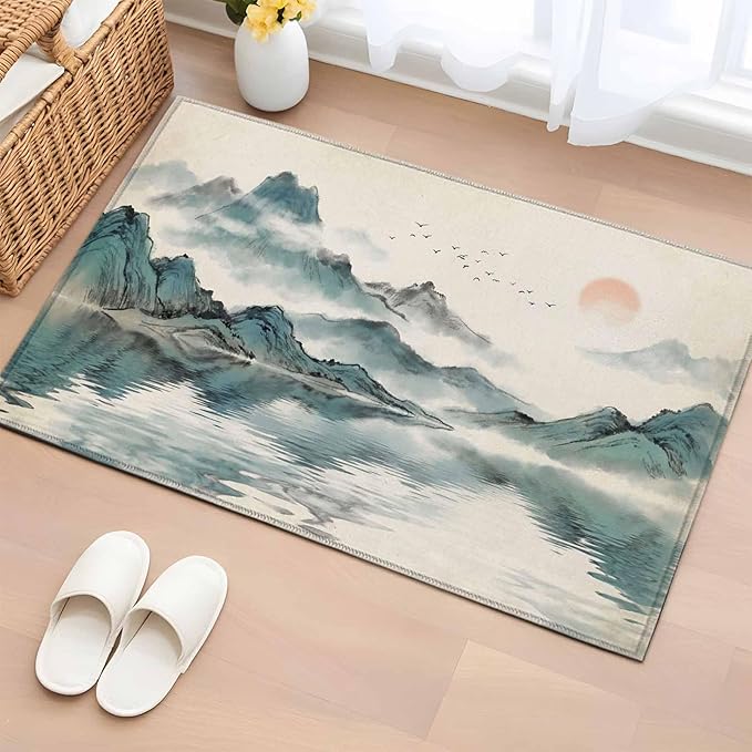 Area Rug 2x3ft, Chinese Zen Landscape Ombre Washable Rugs for Living Room Bedroom, Abstract Mountain Lake Soft Non-Slip Area Rugs Rectangle Floor Carpet for Dining Room